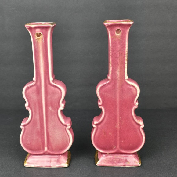 Vintage Pink Violin Bud Vases Set 2 22K Gold Trim 9" MCM Decor - Picture 5 of 9